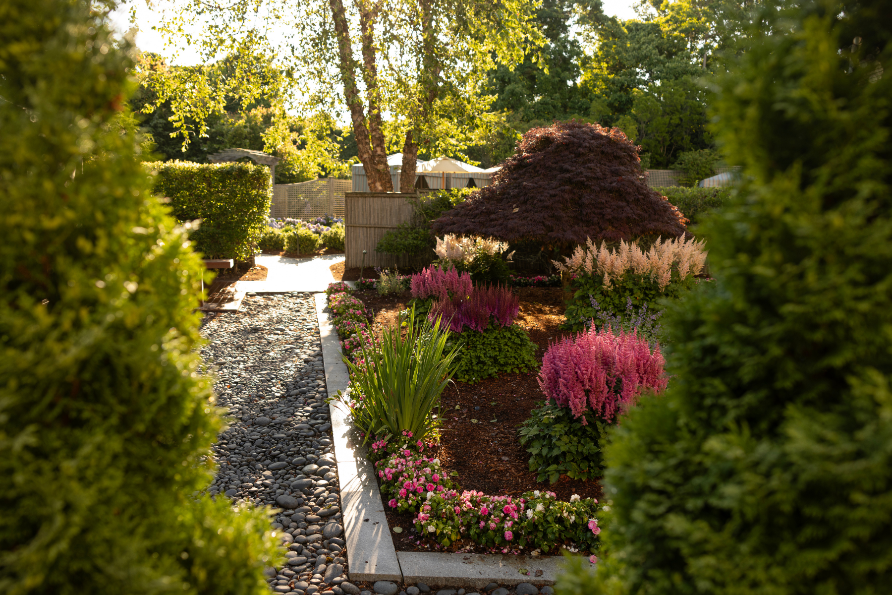 A beautifully landscaped garden with vibrant flowers, trees, and a pebble path, basking in warm sunlight.