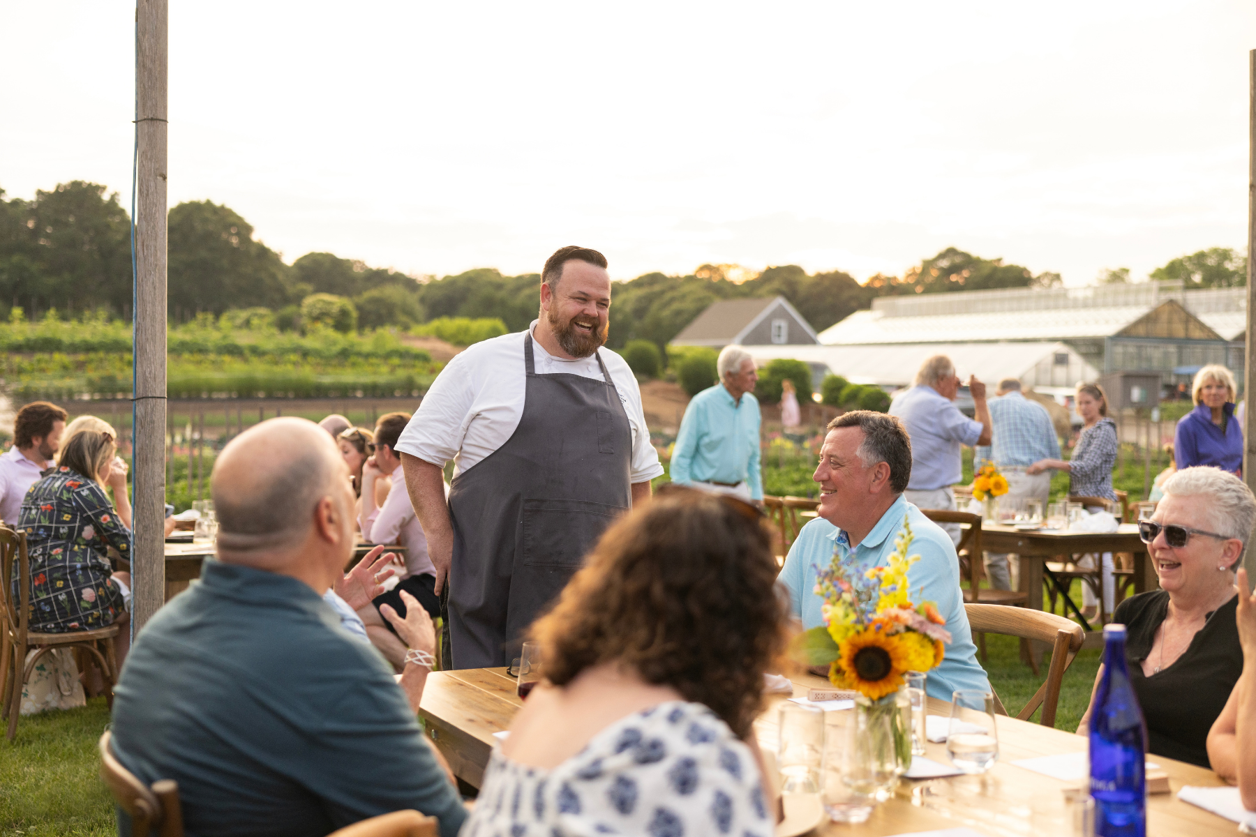 A chef in an apron interacts with diners at an outdoor gathering, surrounded by tables, flowers, and a scenic vineyard backdrop.