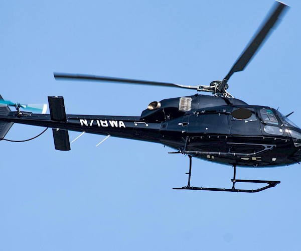 A black helicopter is flying in the sky, with its rotor blades in motion, against a clear blue background.