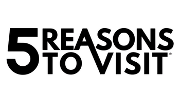 Text saying "5 REASONS TO VISIT" in black letters on a transparent background.