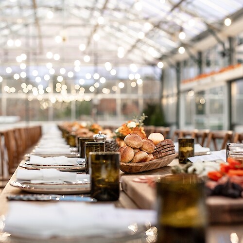 A long table set for a meal in a greenhouse, with bread, glasses, and plates, under soft string lights, creating an elegant atmosphere.