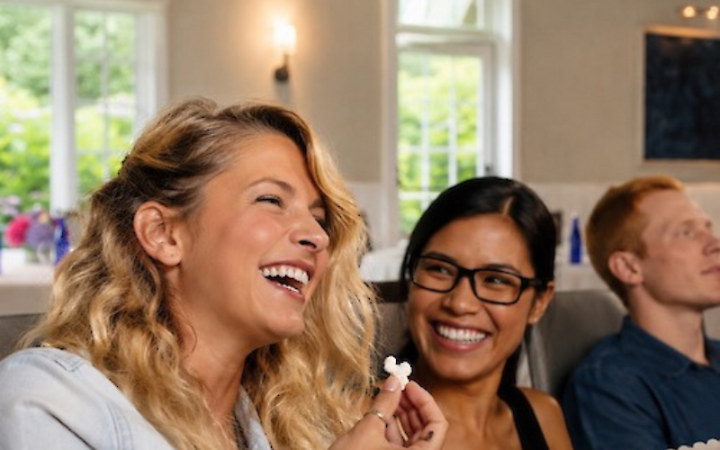 A group of friends are smiling and enjoying popcorn indoors, with a bright window in the background.
