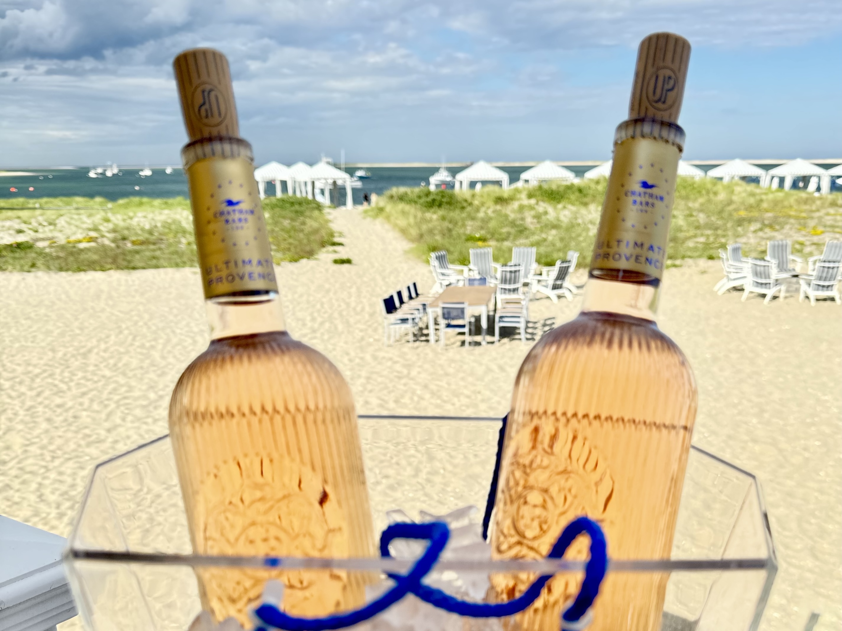 Two bottles of ros&eacute; wine in an ice bucket with a beach and ocean view in the background.