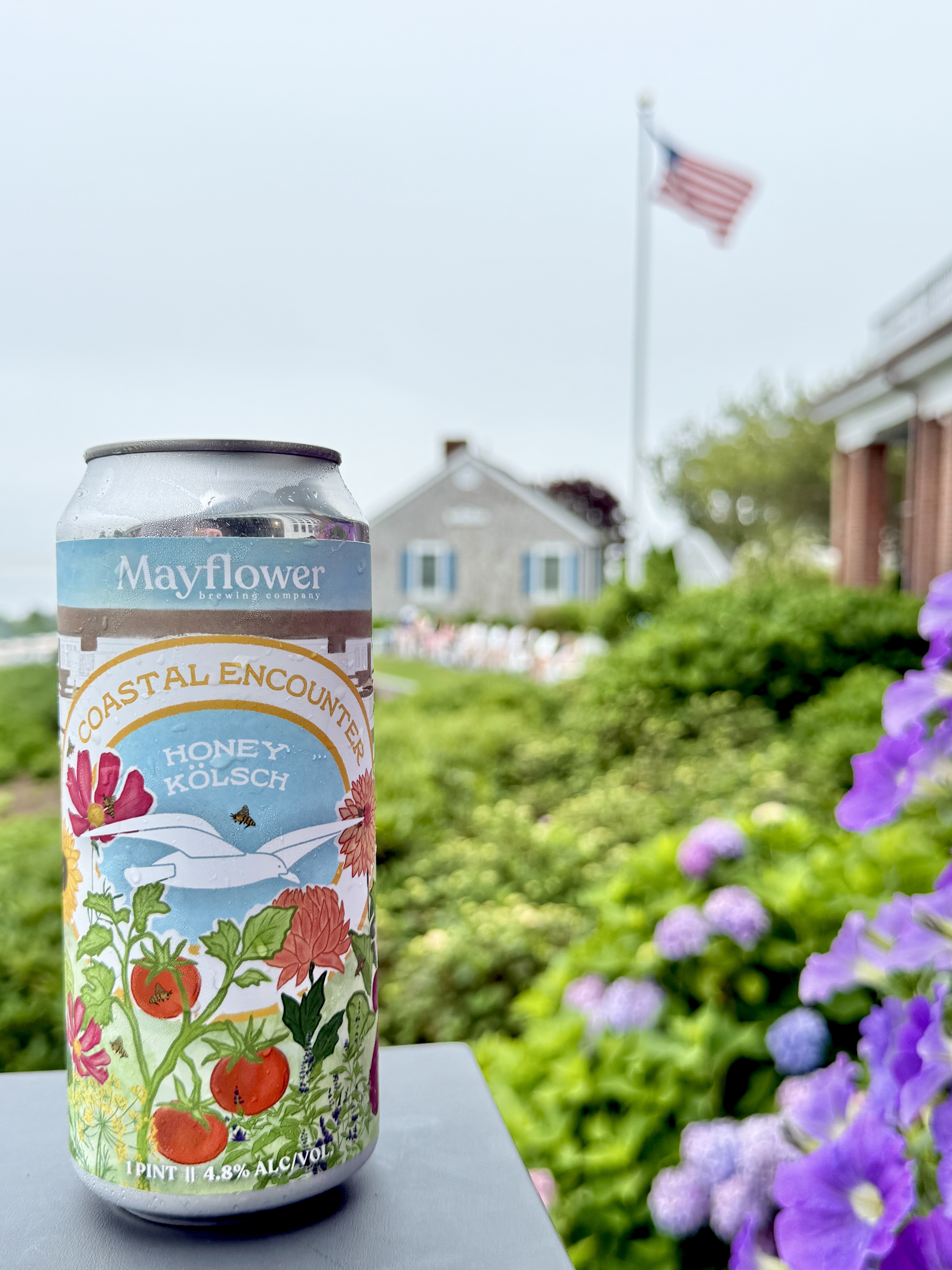 A can of Mayflower Brewing Company&rsquo;s Honey K&ouml;lsch is in the foreground, with an American flag and house in the blurry background.
