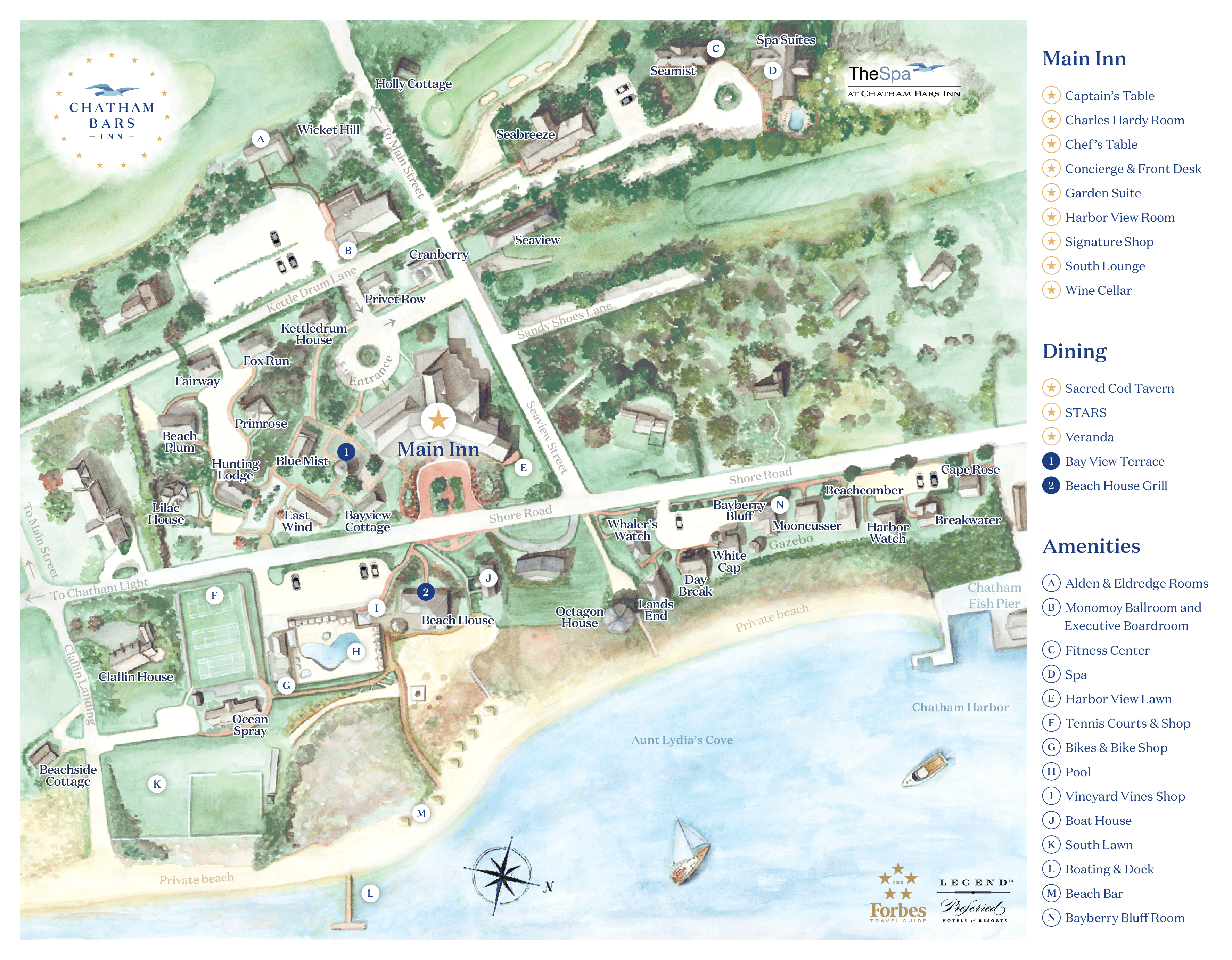 Map of Chatham Bars Inn showing Main Inn, dining, and amenities. Includes cottages, beach access, and various recreational areas.