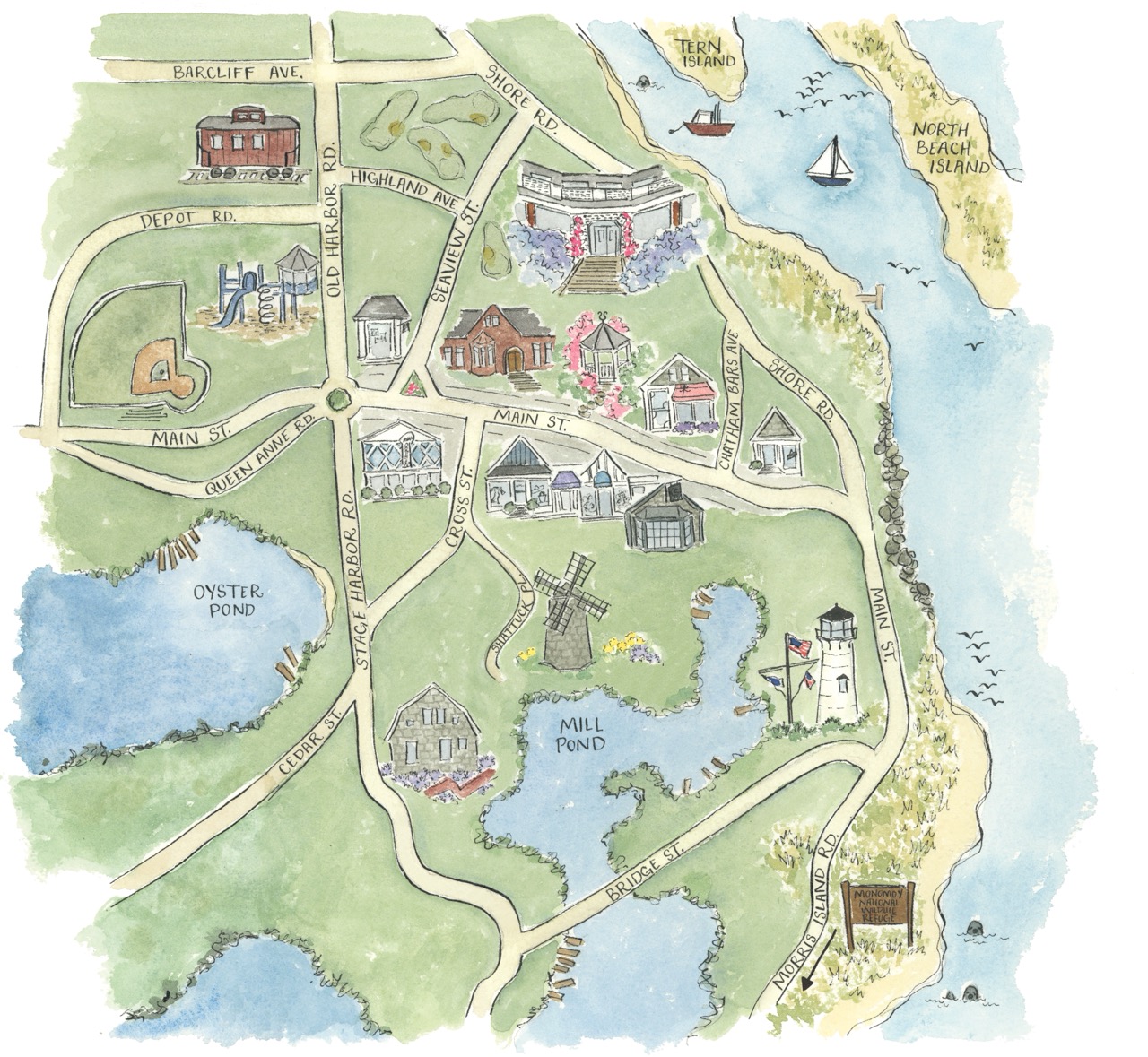 Illustrated map featuring roads, a lighthouse, windmill, playground, ponds, and houses near Oyster Pond and the coastline.