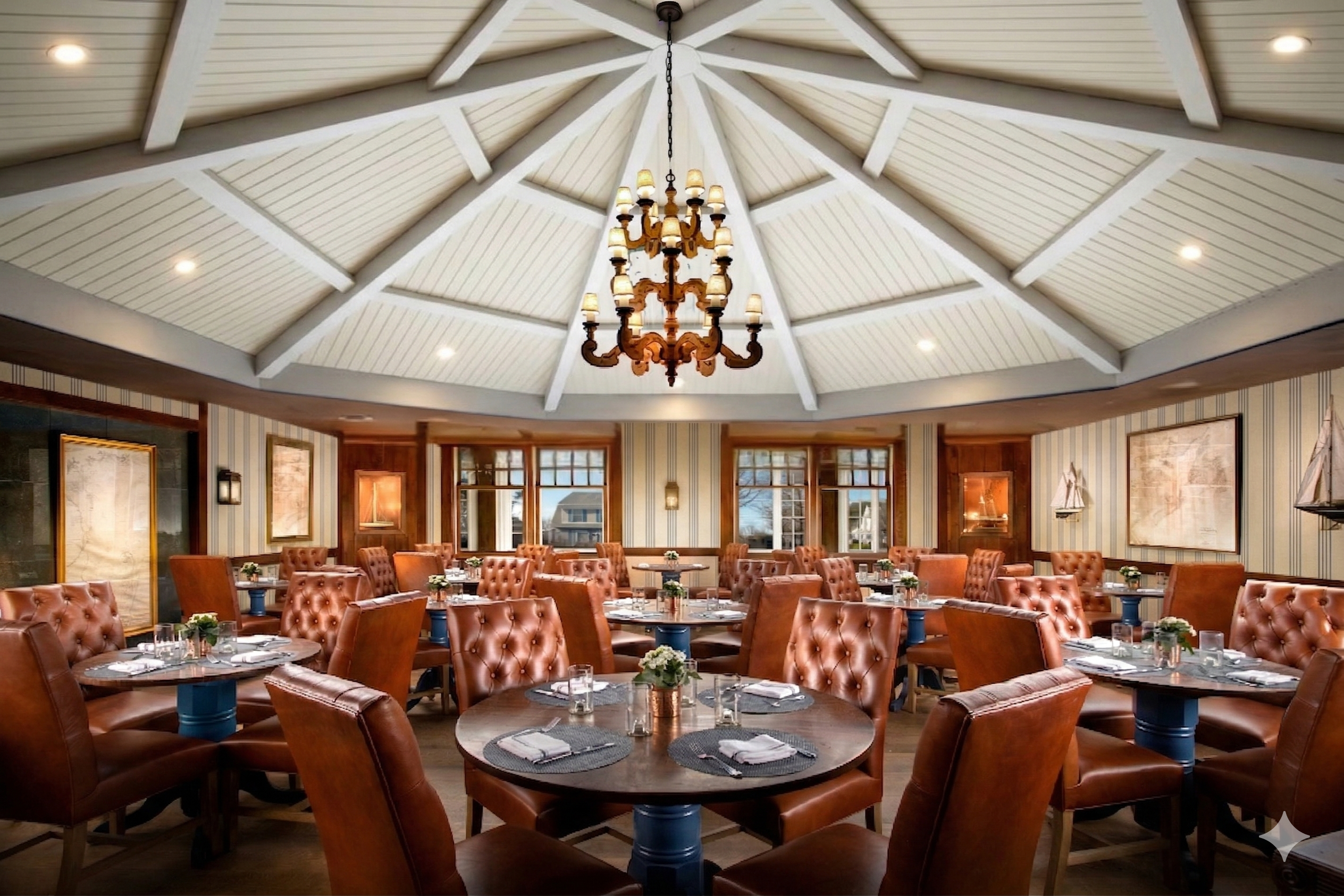 Luxurious restaurant with brown leather chairs, round tables, and place settings, under a vaulted ceiling with a chandelier.