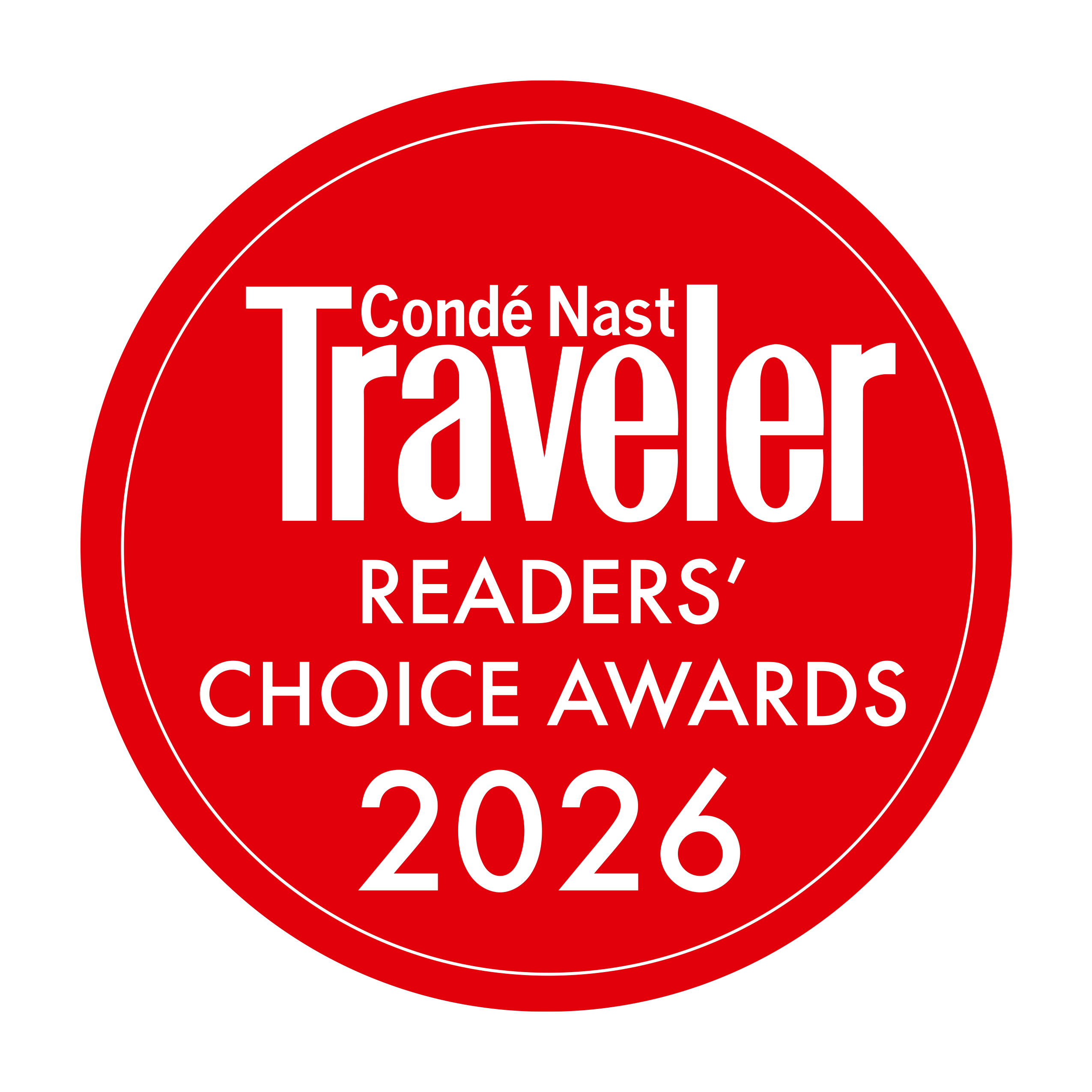 The image is a red circular badge for Cond&eacute; Nast Traveler Readers' Choice Awards 2026.