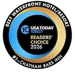 A circular logo reads "Best Waterfront Hotel/Resort," "USA Today 10Best Readers' Choice 2024," and "#1&ndash;Chatham Bars Inn."