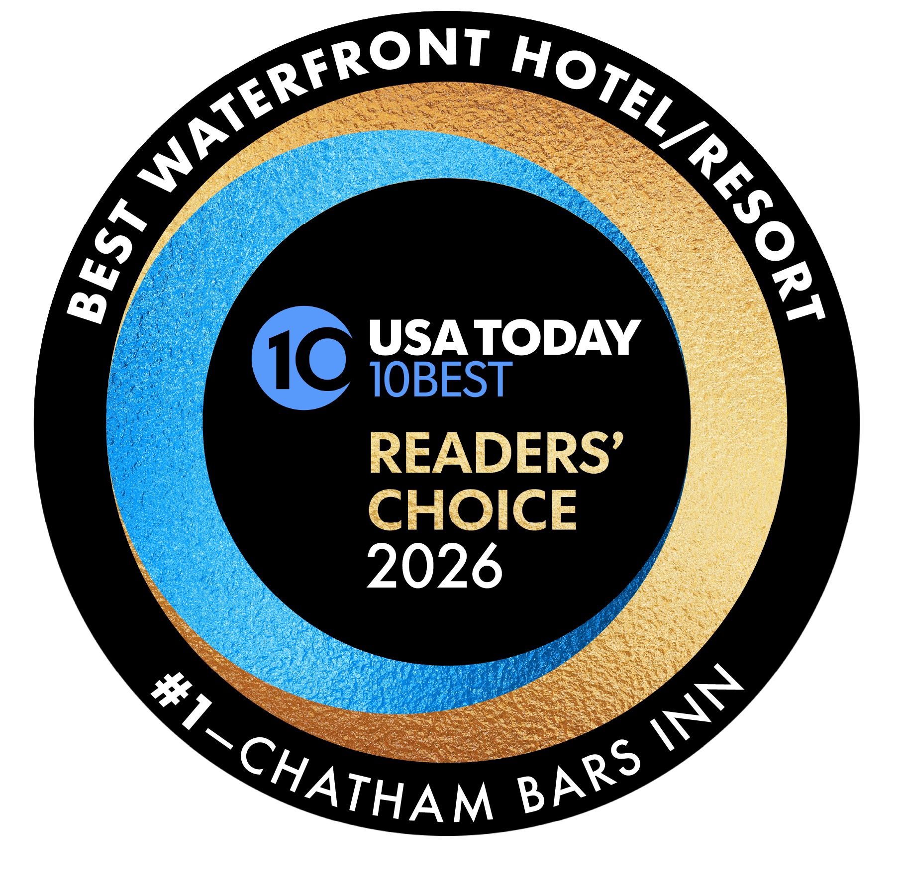 A circular logo reads "Best Waterfront Hotel/Resort," "USA Today 10Best Readers' Choice 2024," and "#1–Chatham Bars Inn."