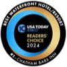 The image shows a badge for "Best Waterfront Hotel/Resort" from USA Today 10Best Readers' Choice 2024, awarded to Chatham Bars Inn.