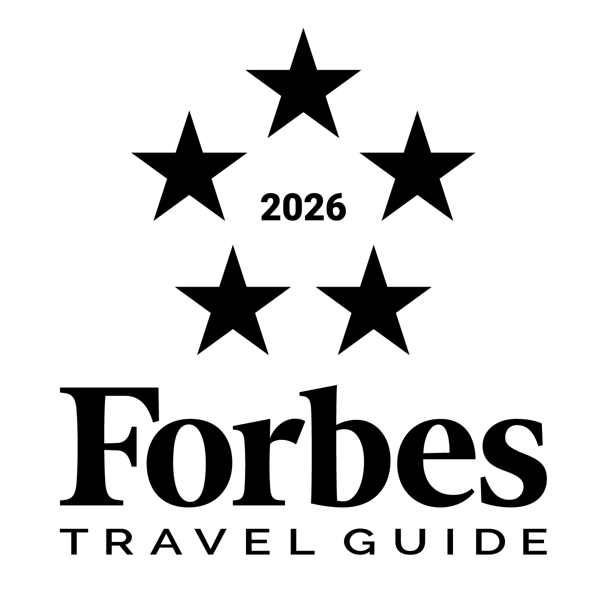 The image shows the Forbes Travel Guide logo with five stars and the year 2026 in the center.