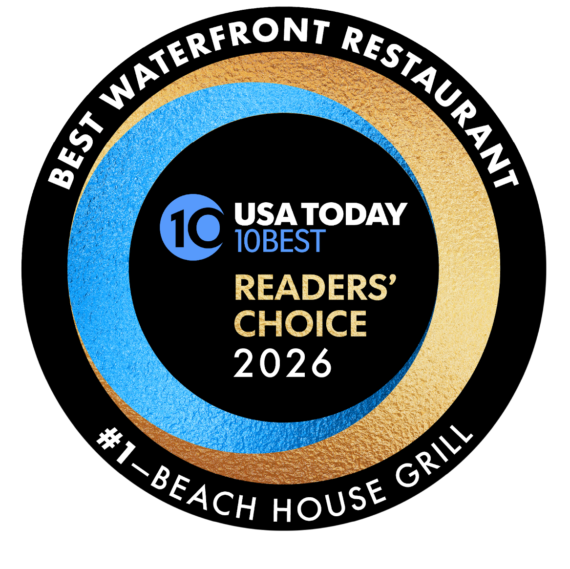 A circular emblem reads "Best Waterfront Restaurant" and "USA Today 10Best Readers' Choice 2026, #1-Beach House Grill."
