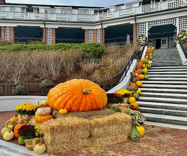 A large pumpkin on hay bales, surrounded by smaller pumpkins and flowers, decorates the base of a staircase outside a building.