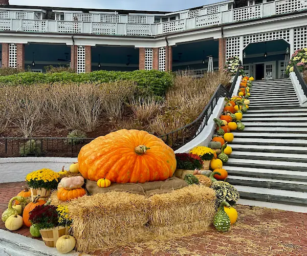 A large pumpkin on hay bales, surrounded by smaller pumpkins and flowers, decorates the base of a staircase outside a building.