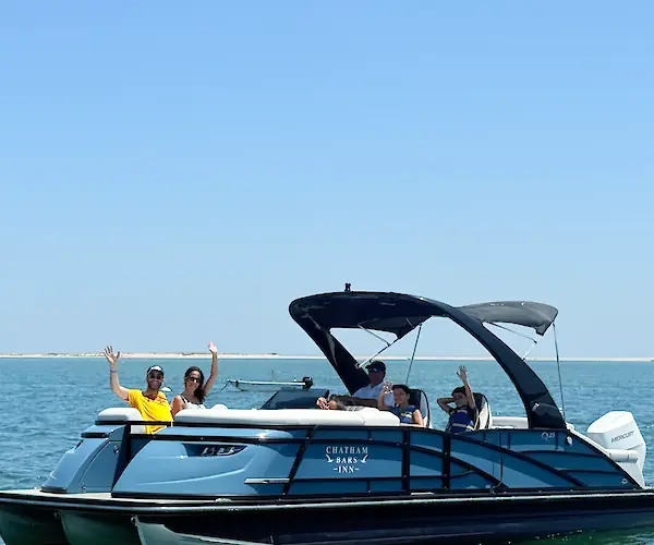 A group of people is waving from a blue pontoon boat on the water, under a clear blue sky.
