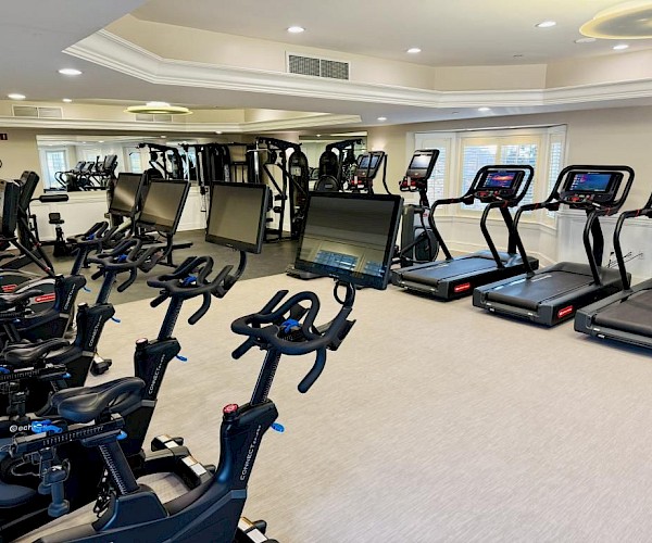 The image shows a gym with exercise bikes and treadmills neatly arranged for use.