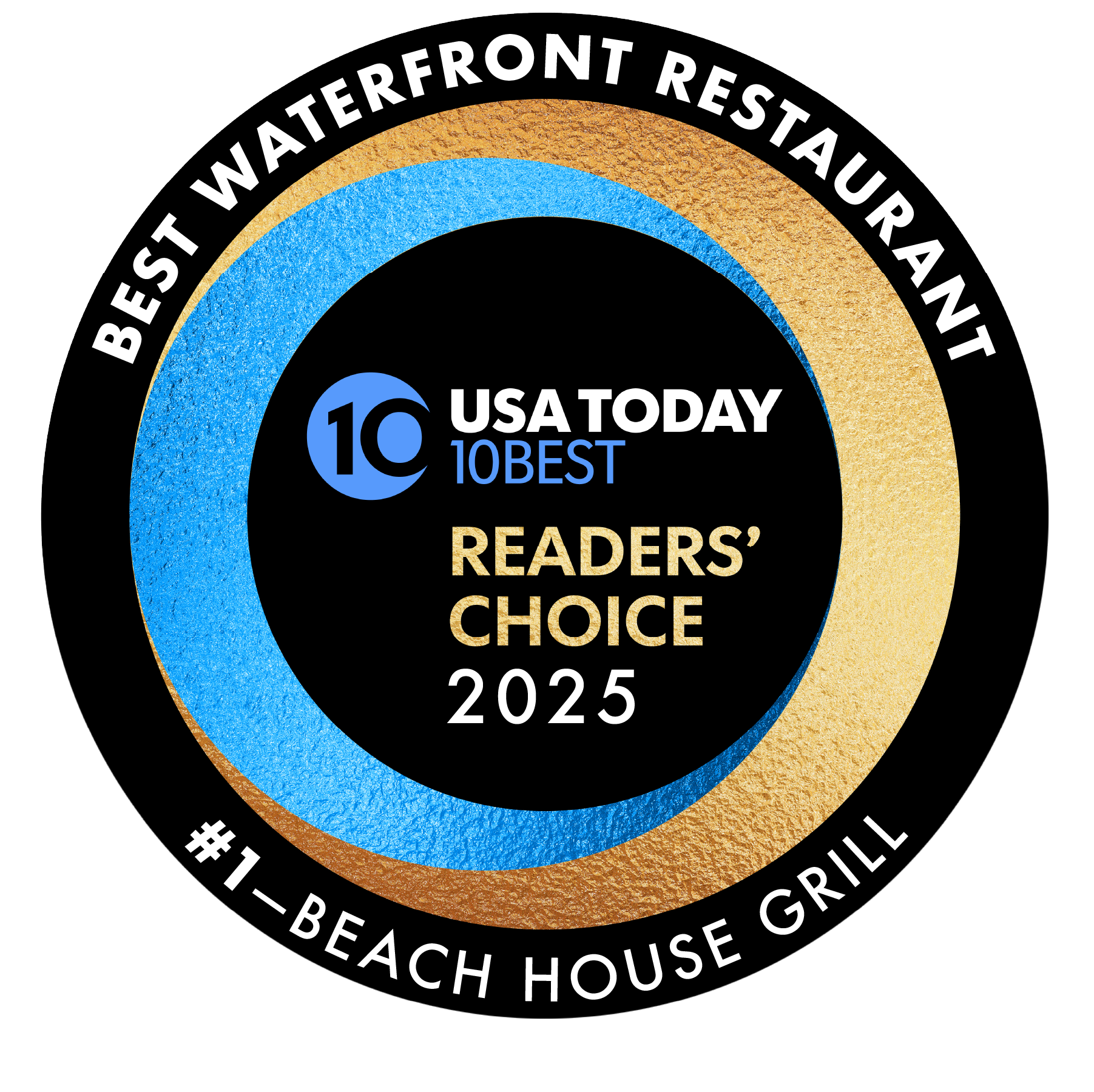 USA Today 10Best Readers' Choice Award logo for Best Waterfront Restaurant 2025.