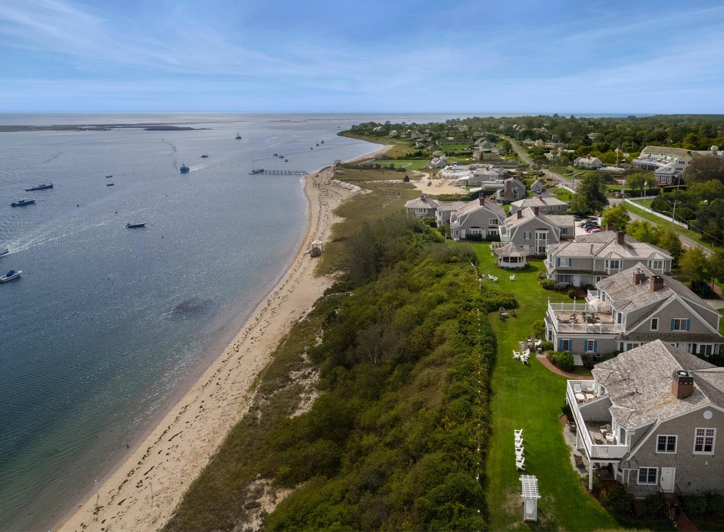 Aerial shot down the coast at Chatham Bars Inn