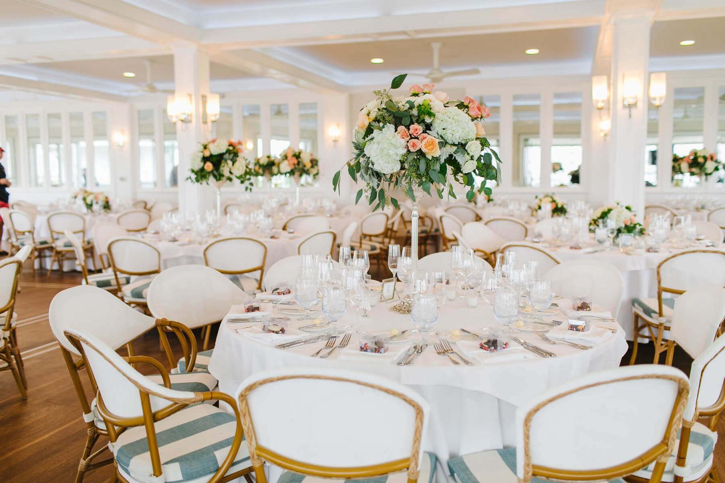 Tables set at a wedding reception