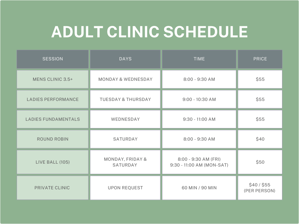 Adult clinic schedule table with sessions, dates, times, and prices.