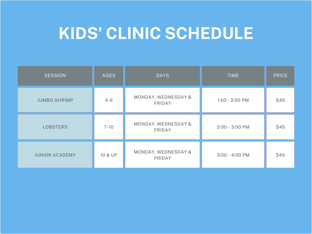 Kids' clinic schedule table on a blue background.