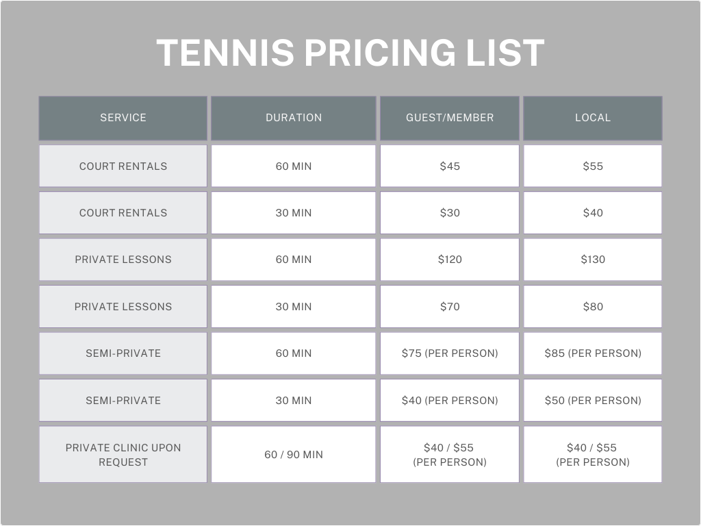 Tennis pricing table with services, durations, and costs listed.
