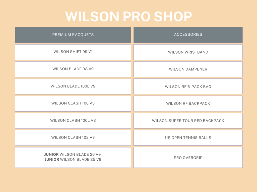 Wilson Pro Shop products list, including racquets and accessories.