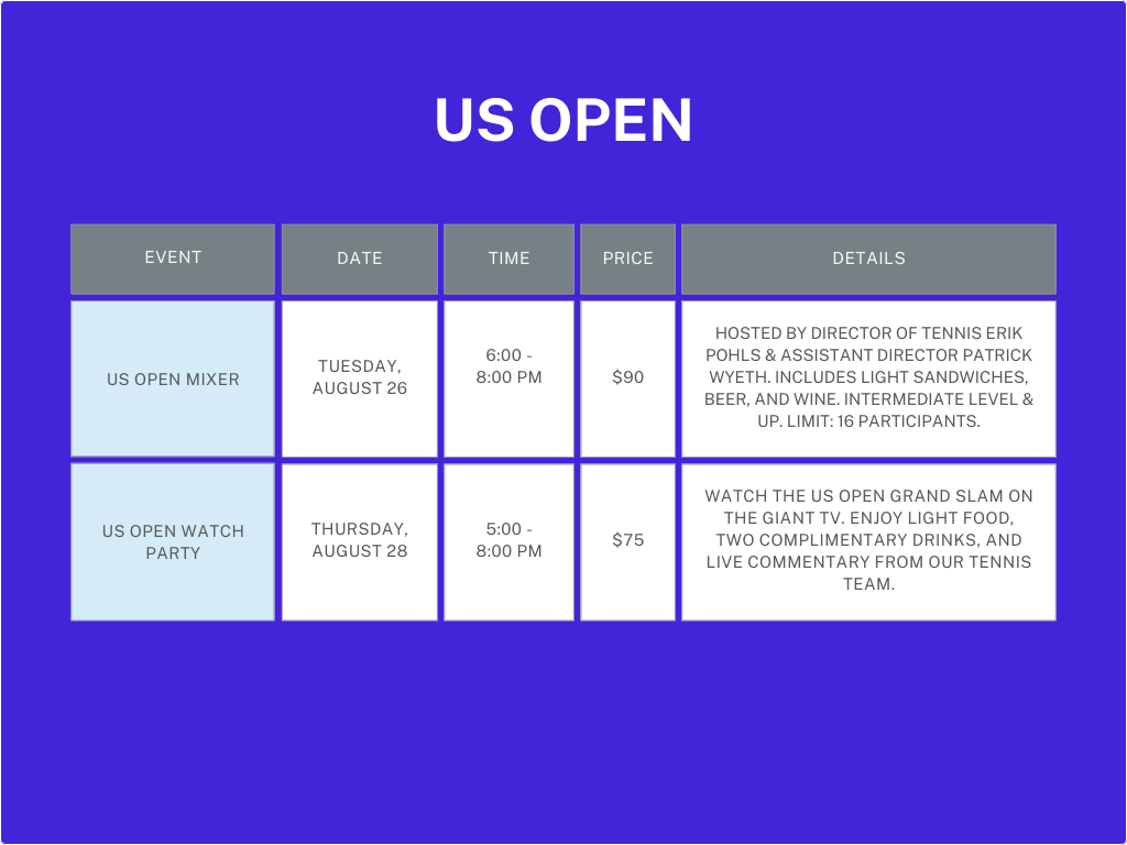 US Open event schedule with dates, times, and details.