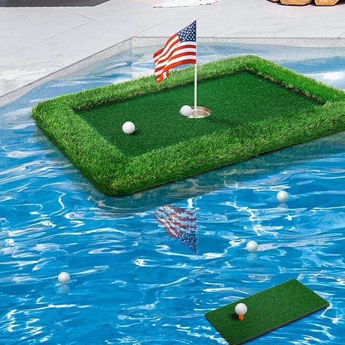 Floating golf green with American flag in a pool, white golf balls scattered.