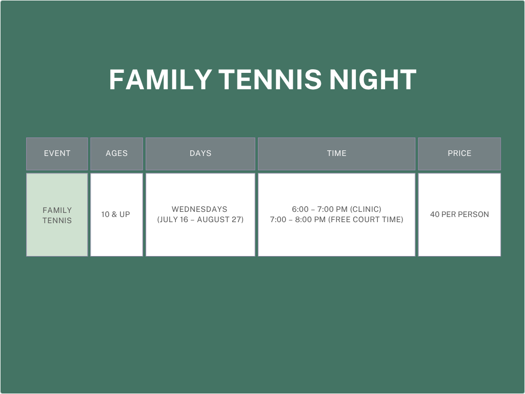 Family Tennis Night schedule chart on a green background.