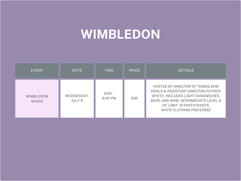 Wimbledon schedule with event, date, time, price, and details.