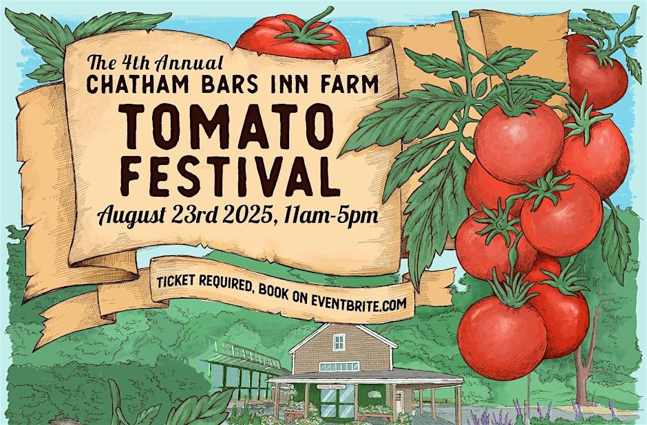 Tomatoes on vine with farm building and event details on parchment banner.