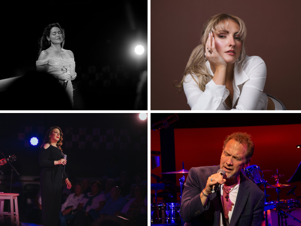 Four portraits: woman in spotlight, woman posing, woman singing, man singing with band.