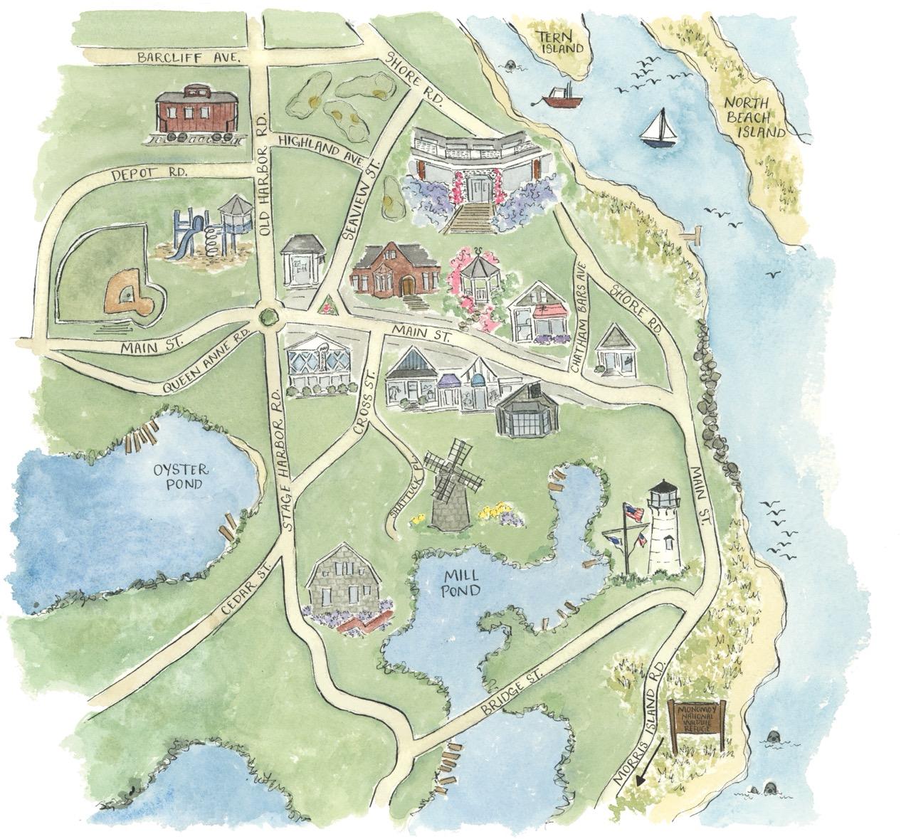 Illustrated map with roads, landmarks, lakes, and a coastline.