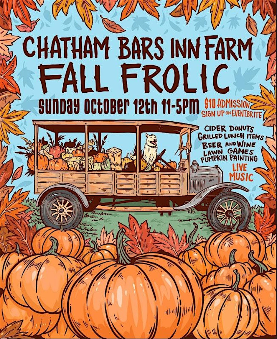 Autumn-themed illustration with pumpkins, a vintage truck, and fall leaves.