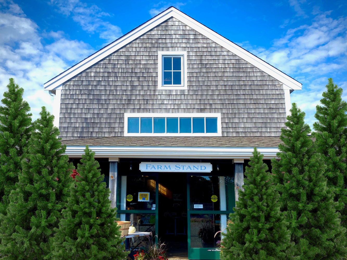 A rustic store with cedar shingles and green doors, flanked by tall pine trees.