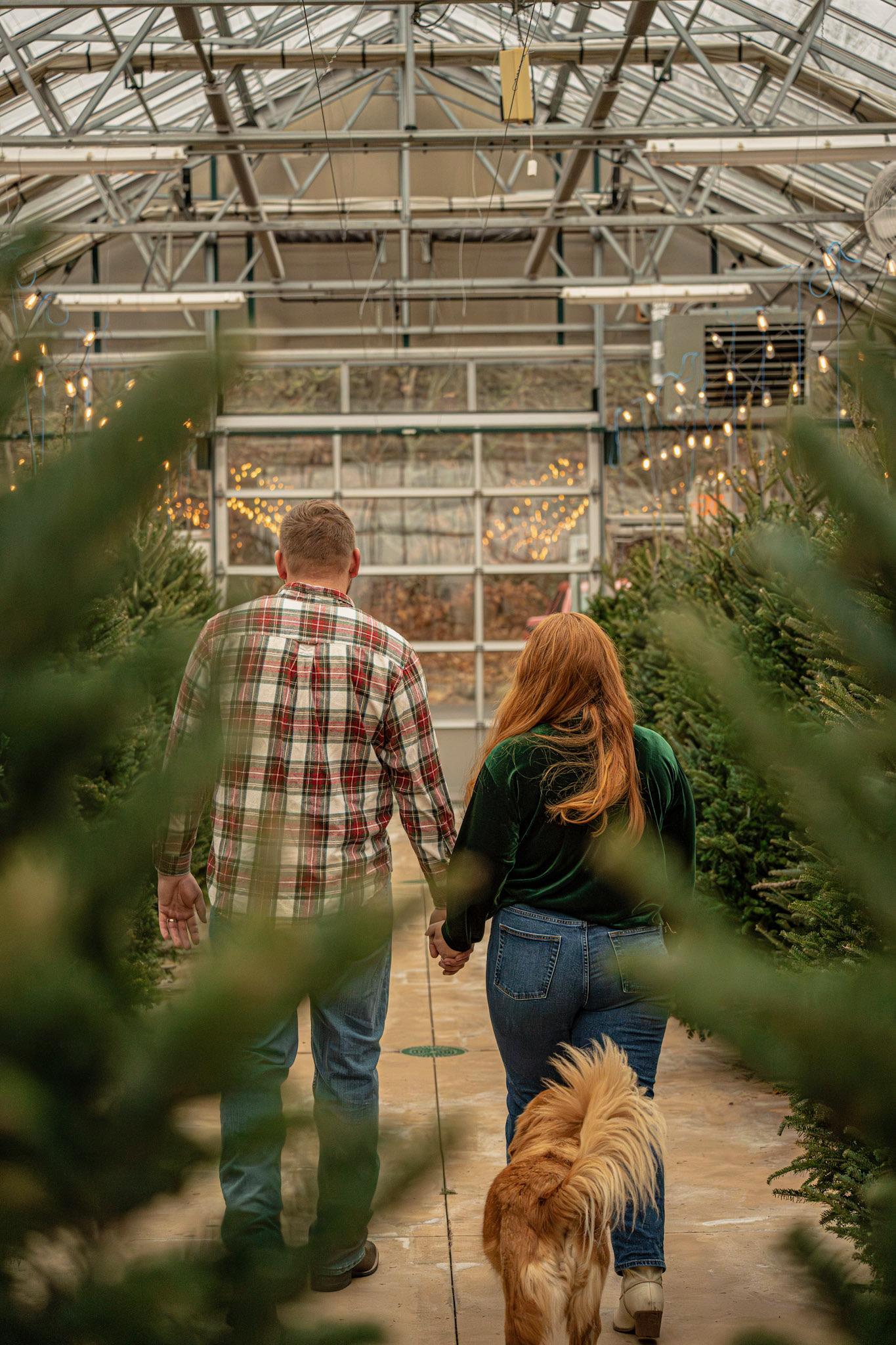 Couple walking with a dog in a greenhouse, surrounded by greenery.