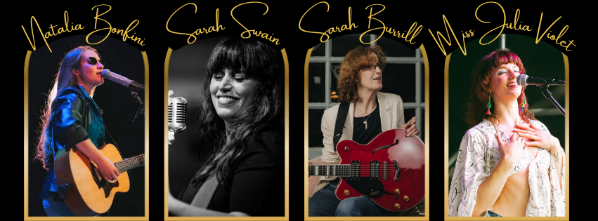 Four female musicians in a collage, each with a guitar, against a black background.