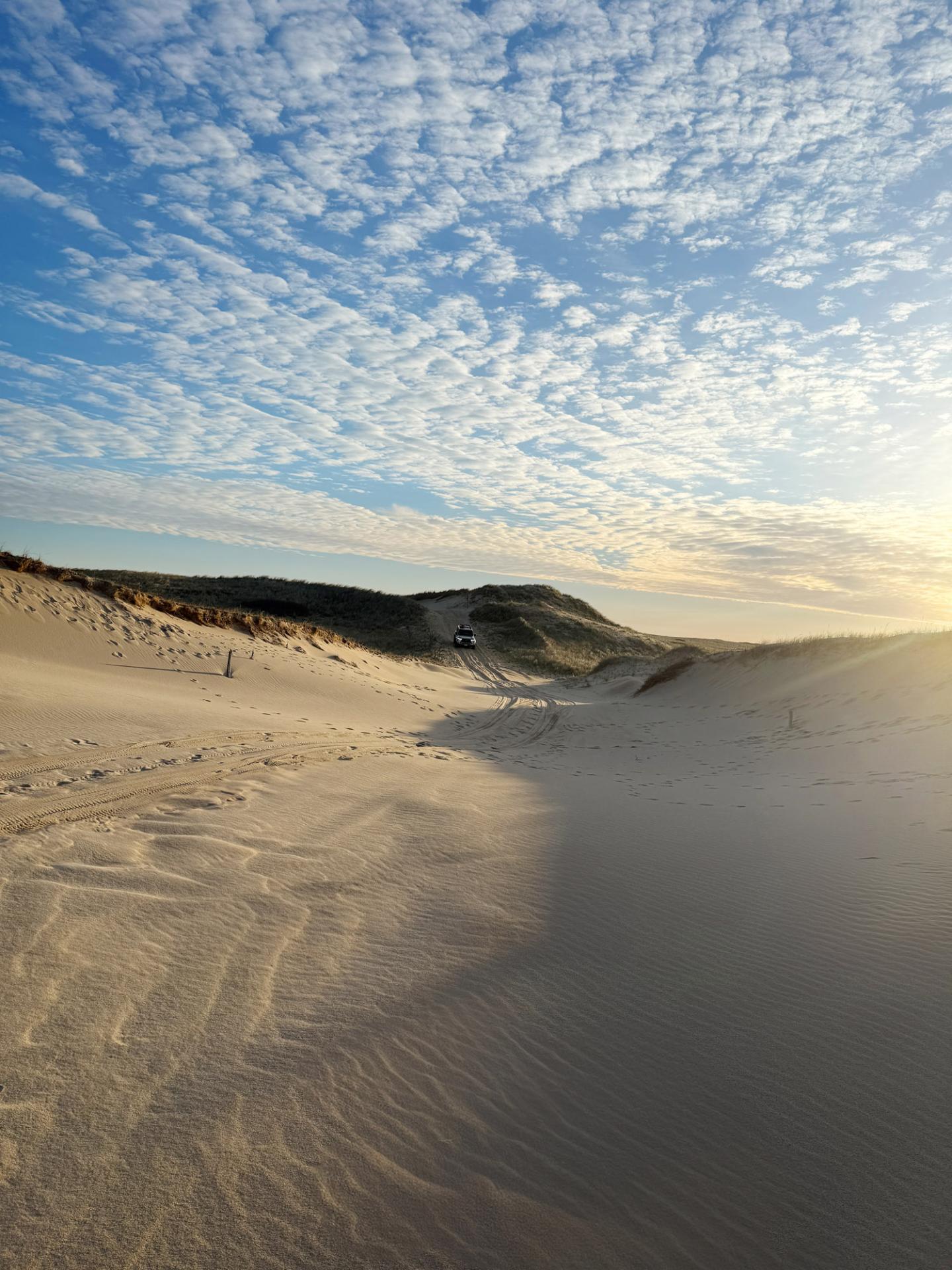 Sand dunes under a blue sky with scattered clouds at sunset.