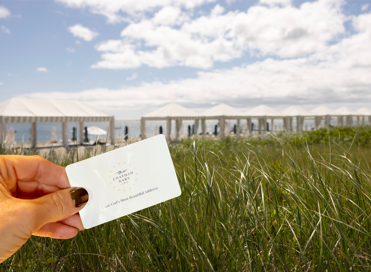 Hand holding card, beach tents in background, grassy foreground.