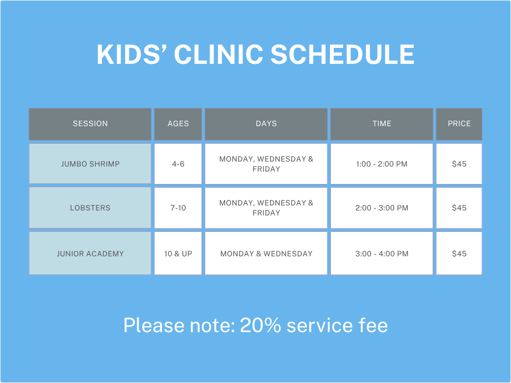 Kids' clinic schedule chart with session, ages, days, time, and price.
