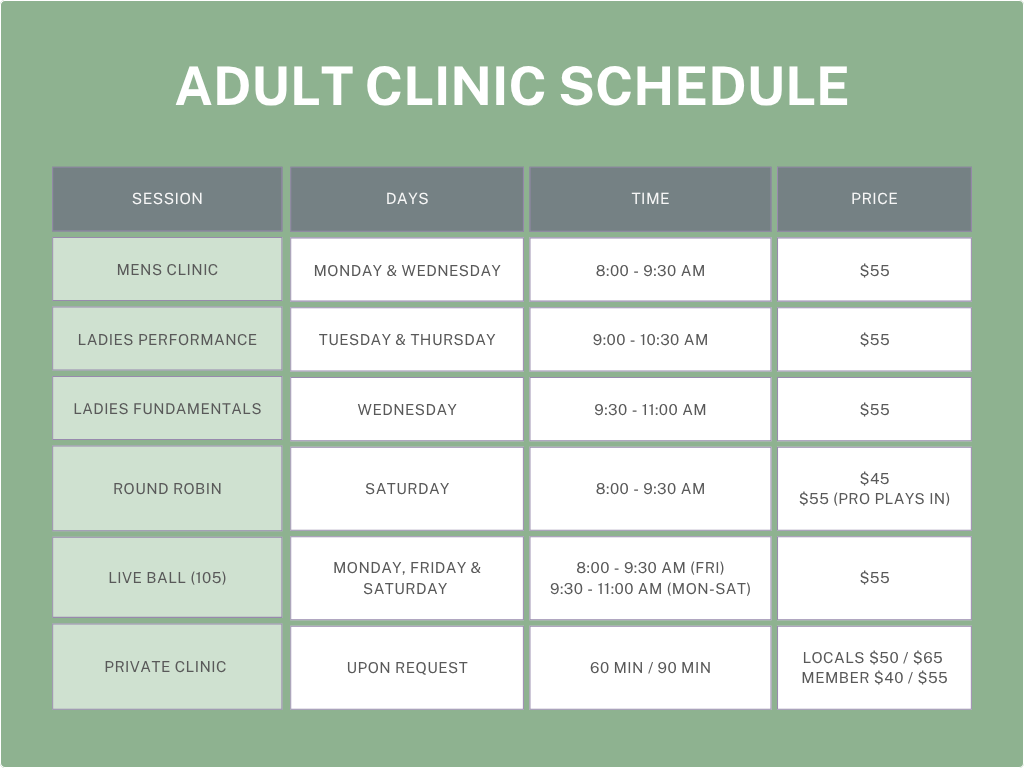 Adult clinic schedule table with days, times, and prices on a green background.