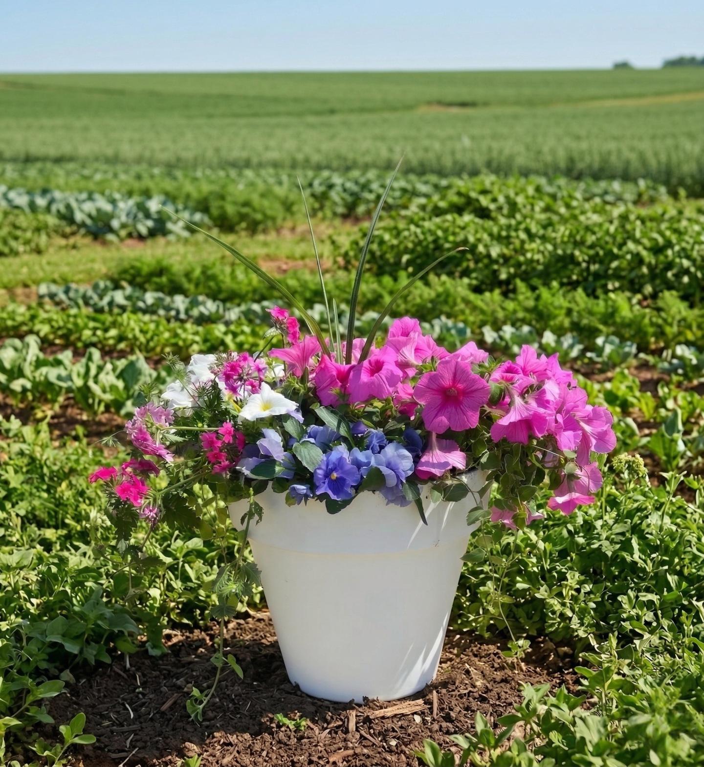 Potted flowers with vibrant pink, purple, and white blooms in a green field.