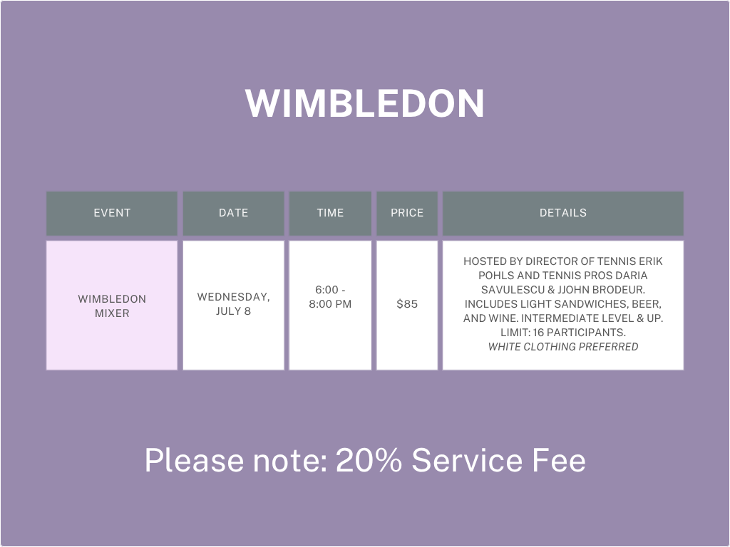 Wimbledon tennis event details with date and time.