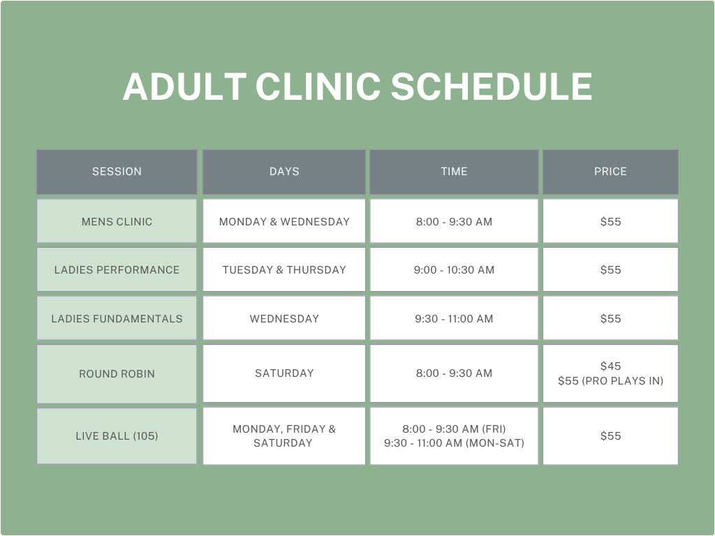 Adult clinic schedule table with sessions, days, time, and price.