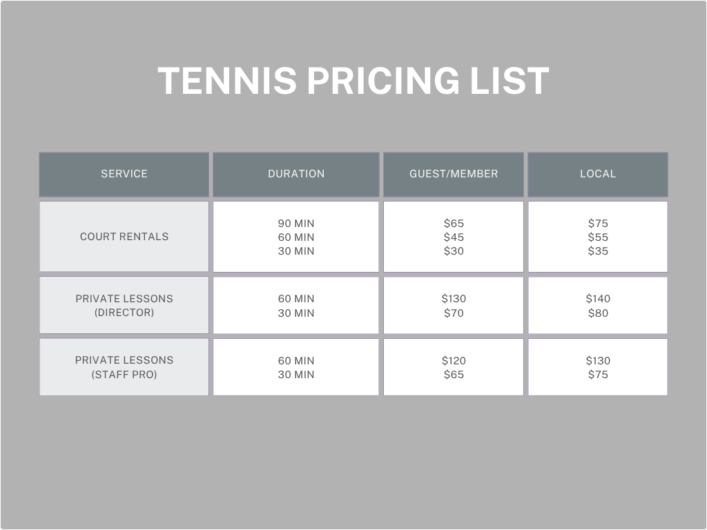 Tennis pricing list table with service, duration, and price columns.